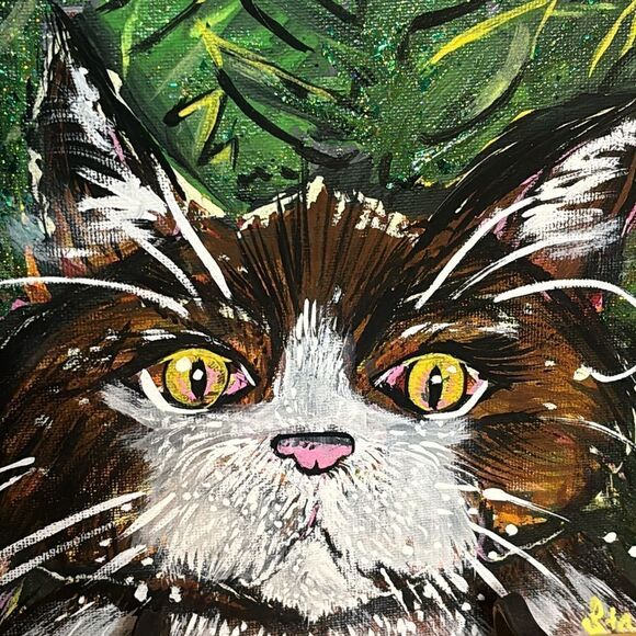 Artisan Other - Original Acrylic Painting 9x12 Black and White Cat Painting in House Plant Wild